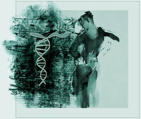 DNA double helix in front of an ink wash with a human silhouette